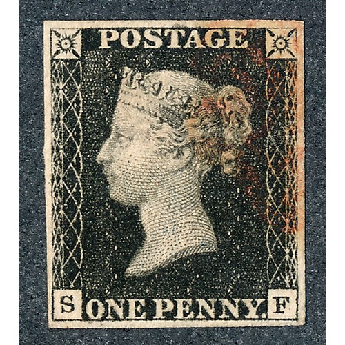 252 - Great Britain, 1840 1d black U, Lettered SF, four clear margins, light red cancellation. (SG 2) On L... 