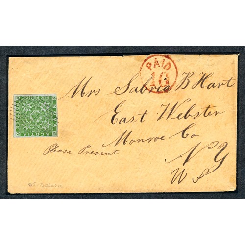 62 - Nova Scotia, 1851-57 6d yellow-green tied on cover to New York. “Paid 10” cancellation, with fine to... 