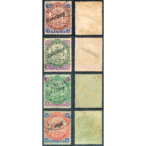 203 - Rhodesia, 1896-97 Large Arms Die I “SPECIMEN” overprint Marcus Samuel type on 3d, 8d, 3/- & 4/- issu... 