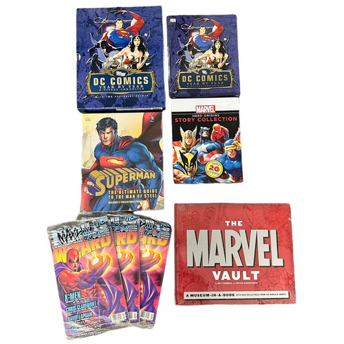 513 - Chronicle books on DC & Marvel plus 3x Wizard magazines. DC Comics year by year x2 (one edition feat... 