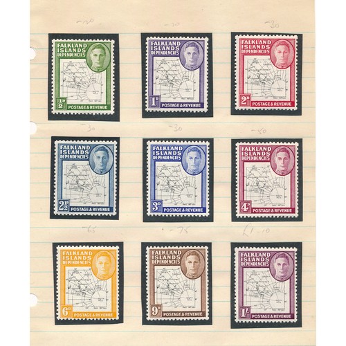 70 - Falkland Islands, small range on loose leaves with 1938-50 set to 10/ M (SG 146-162) Cat. £360 appro... 