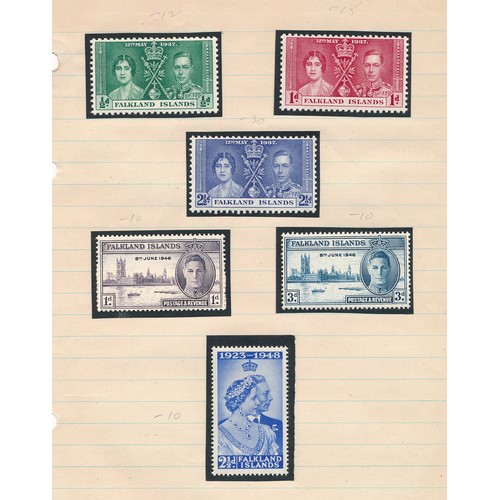 70 - Falkland Islands, small range on loose leaves with 1938-50 set to 10/ M (SG 146-162) Cat. £360 appro... 