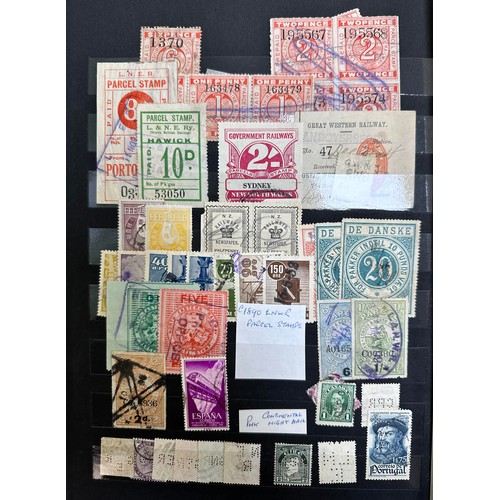 14 - World stamp collection in well-filled stockbook, to include; Parcel Stamps, Railway Stamps, Switzerl... 