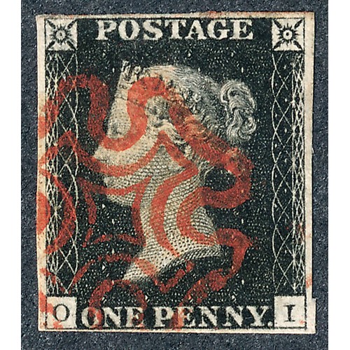 253 - Great Britain, 1840 1d black U, lettered OI, four margins, red MC cancellation.