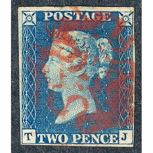 255 - Great Britain, 1840 2d blue FU, lettered TJ, plate 2, four margins, red MC cancellation.