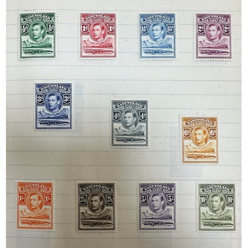 44 - British Commonwealth, exercise book with useful issues including; Basutoland 1938 set to 10/ M, Bech... 