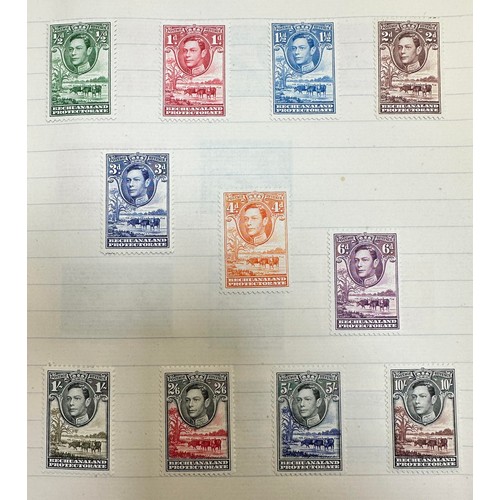 44 - British Commonwealth, exercise book with useful issues including; Basutoland 1938 set to 10/ M, Bech... 