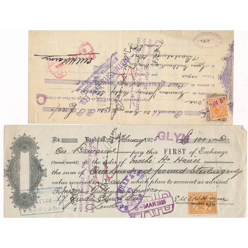 108 - Iraq, range of 1920’s Iraq bill of exchange cheques with English overstamps, many with affixed reven... 