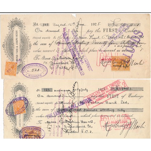 108 - Iraq, range of 1920’s Iraq bill of exchange cheques with English overstamps, many with affixed reven... 