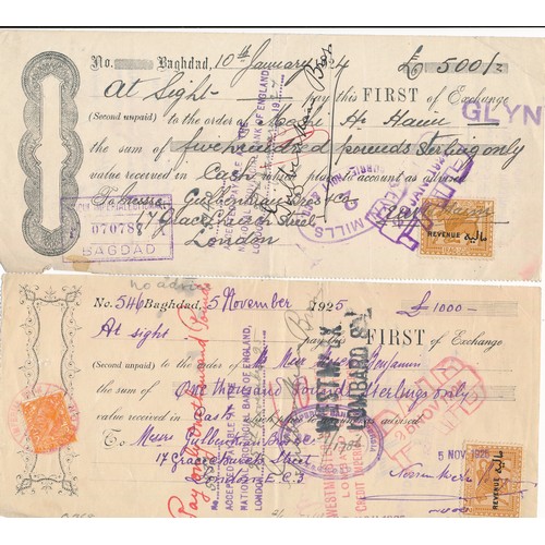 108 - Iraq, range of 1920’s Iraq bill of exchange cheques with English overstamps, many with affixed reven... 