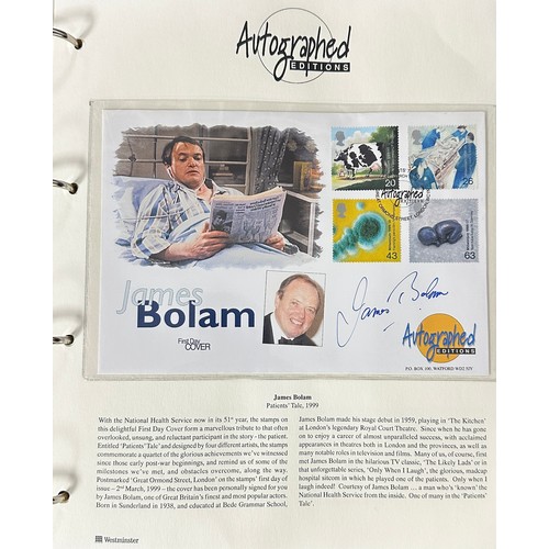 343 - GB FDC Autographed Editions in blue special album including Norman Wisdom, Spike Milligan, Terry Pra... 