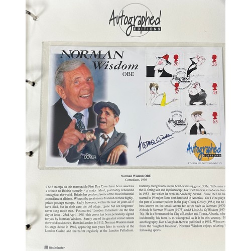 343 - GB FDC Autographed Editions in blue special album including Norman Wisdom, Spike Milligan, Terry Pra... 