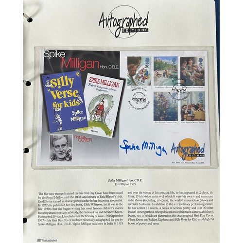 343 - GB FDC Autographed Editions in blue special album including Norman Wisdom, Spike Milligan, Terry Pra... 