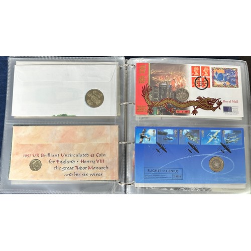 355 - Royal Mail / Royal Mint coin cover collection in blue album with slipcase, 1994 to 2002 including 20... 