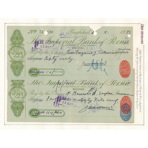 111 - Iraq - Revenues, small range to include; 1932 Cheques drawn to the Imperial Bank of Persia, Baghdad ... 