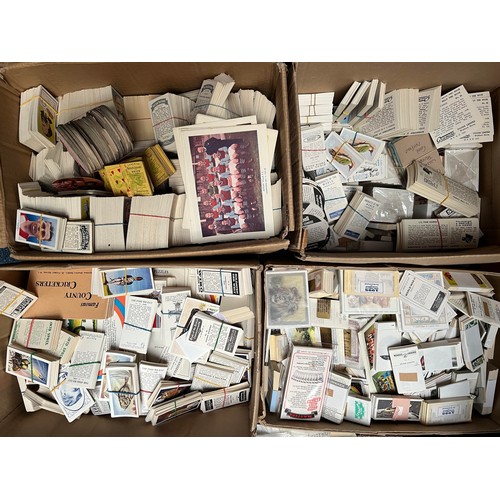 410 - Large trade card accumulation in 4 boxes, unsorted, appears to be mainly modern trade with some repr... 