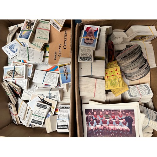 410 - Large trade card accumulation in 4 boxes, unsorted, appears to be mainly modern trade with some repr... 