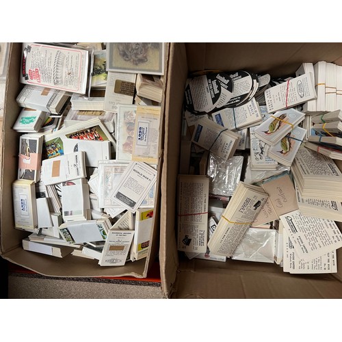 410 - Large trade card accumulation in 4 boxes, unsorted, appears to be mainly modern trade with some repr... 