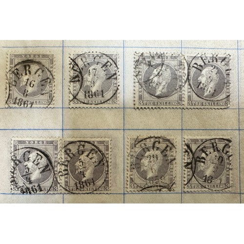 198 - Norway, 1856 3s & 8s U range in booklet including 1856 2s, 3s (x19), 8s (x35) FU, FU pairs with 3s (... 