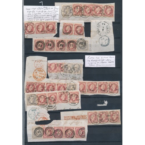 197 - Norway, 1856 3s & 8s FU on envelope pieces cut from envelope entires, in strips, various cancellatio... 