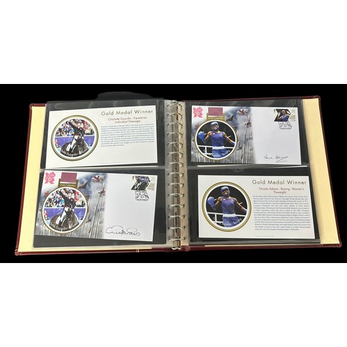 348 - Buckingham Covers 2012 Olympic Games Gold medal winners set of 29 in luxury Safe album with slip cas... 