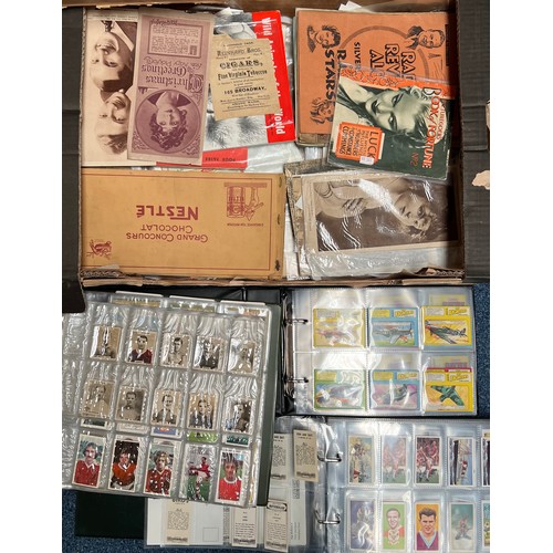 412 - Large accumulation of trade cards (some cigarette cards) in 3 fruit trays with 3 sleeved album and l... 