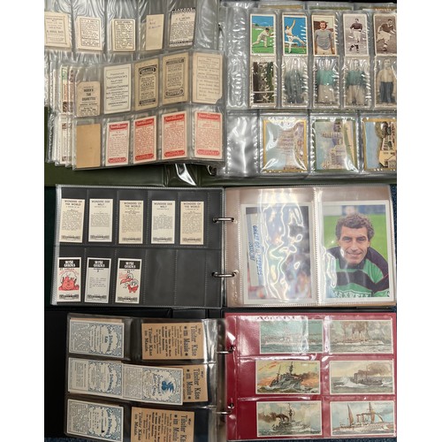 412 - Large accumulation of trade cards (some cigarette cards) in 3 fruit trays with 3 sleeved album and l... 