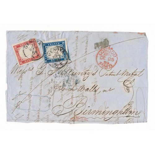 123A - Sardinia, small quantity of part entire Genoa to Birmingham part covers. Sardinia stamps U with Geno... 