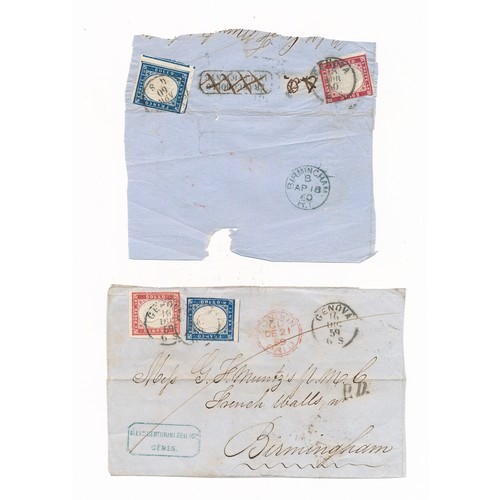 123A - Sardinia, small quantity of part entire Genoa to Birmingham part covers. Sardinia stamps U with Geno... 