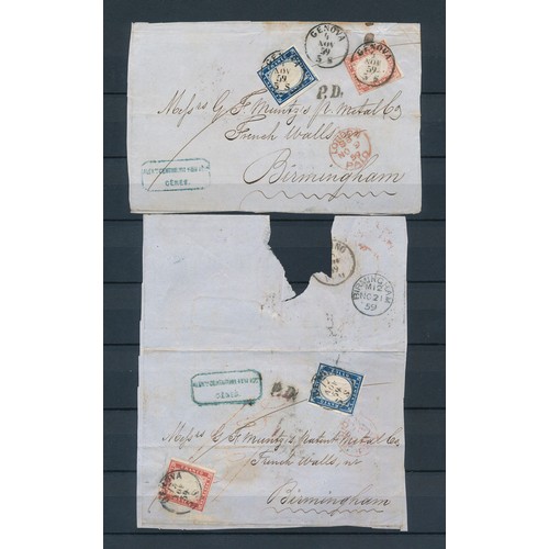 123A - Sardinia, small quantity of part entire Genoa to Birmingham part covers. Sardinia stamps U with Geno... 