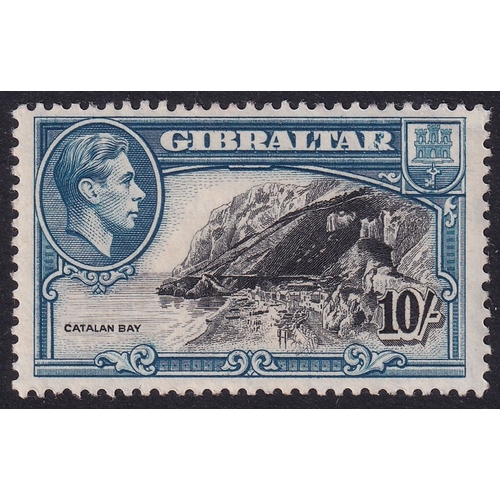 82A - Gibraltar 1938-51 KGVI 10/- with broken `R` variety, M. (SG 130ab), Cat. £4,750.