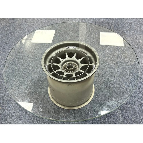 226 - Race wheel coffee table, generally excellent to good plus, used Rays Engineering alloy wheel approx.... 