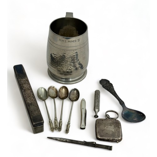 183 - Range of mostly white metal objects. Includes a William IV (1835) toothbrush holder with hallmarked ... 