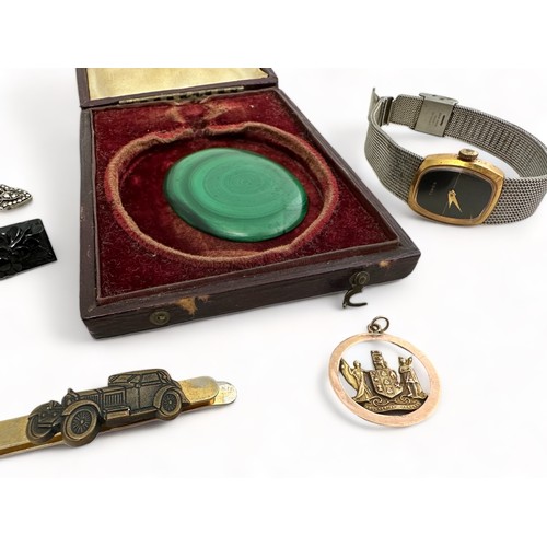 41 - A collection of jewellery items, a malachite cabochon and a glass trinket box. Includes an 'Advance ... 