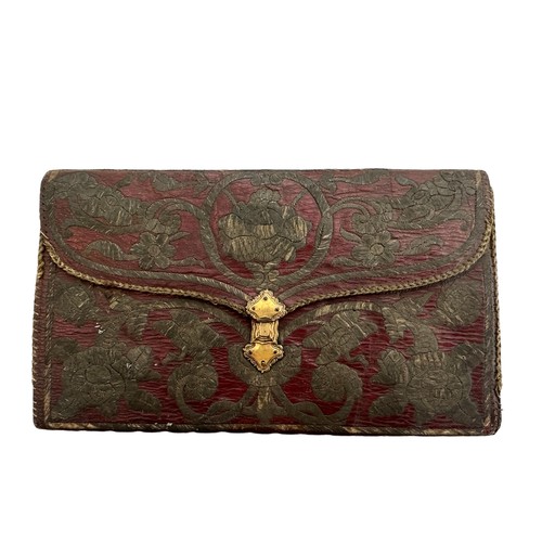 188 - Ottoman metal-thread embroidered leather wallet. The rectangular wallet with gilt clasp is embroider... 