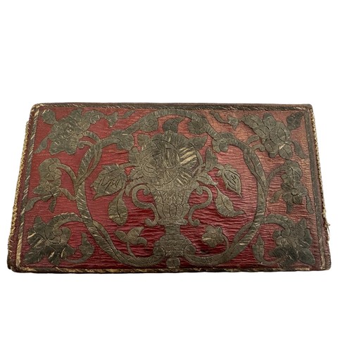 188 - Ottoman metal-thread embroidered leather wallet. The rectangular wallet with gilt clasp is embroider... 