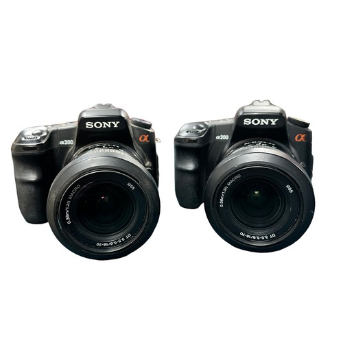 360 - 2x Sony Alpha A200 Cameras. 10MP APS-C sensor. Includes 2x 18-70mm f3.5 Sony detachable lenses, 1x T... 