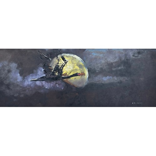 417 - L. Abplanalp (Contemporary), oil on board painting of a goose flying in front of the moon. Framed, s... 