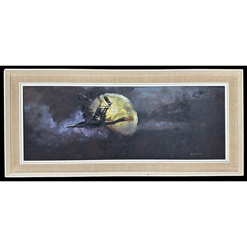 417 - L. Abplanalp (Contemporary), oil on board painting of a goose flying in front of the moon. Framed, s... 