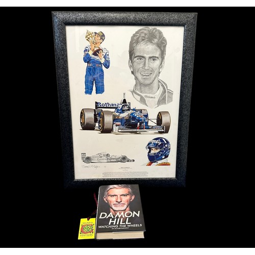 229 - Damon Hill Watching The Wheels signed autobiography hardback book, plus framed print approx. H68.5cm... 