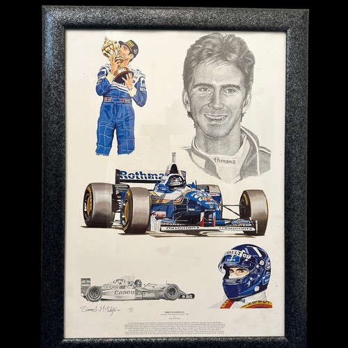 229 - Damon Hill Watching The Wheels signed autobiography hardback book, plus framed print approx. H68.5cm... 