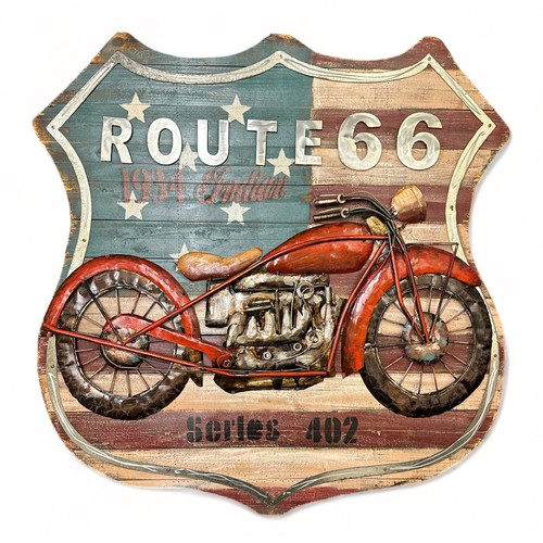 230 - Route 66 1934 Indian motorcycle wooden sign, approx. size: H101cm x W99cm, generally excellent to go... 