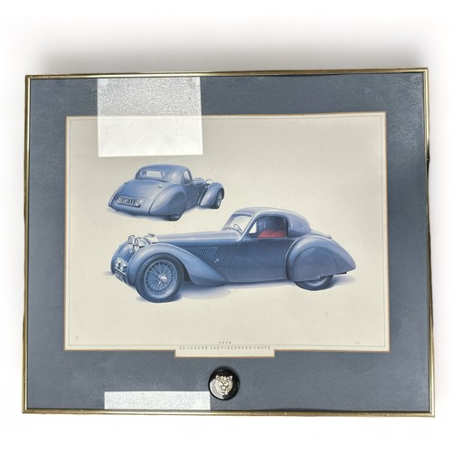 233 - Jaguar collection, with F-Type and XF side air vent covers mounted on wooden plinths, framed prints ... 