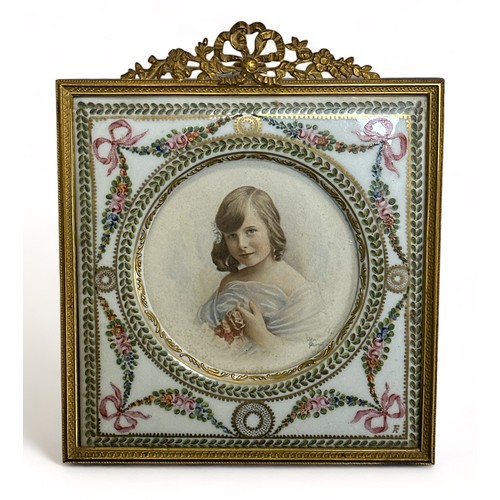 299 - French 20th Century hand painted porcelain faced standing picture frame, with hand painted floral su... 