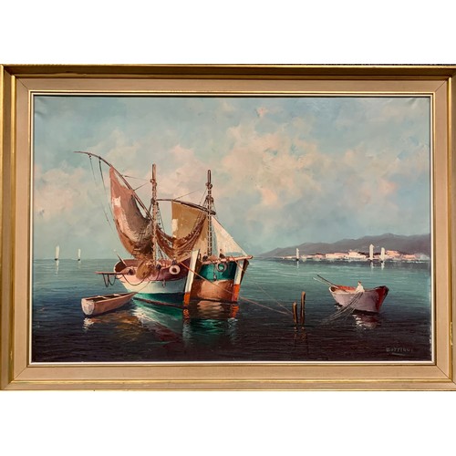 426 - Bottinni (Contemporary), large oil on canvas seascape featuring fishing boats and a man fishing usin... 