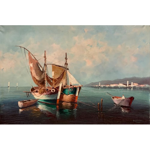 426 - Bottinni (Contemporary), large oil on canvas seascape featuring fishing boats and a man fishing usin... 