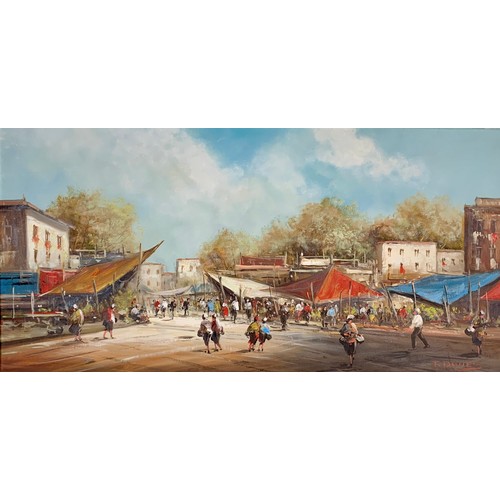 427 - T. Dones (Contemporary), large oil on canvas painting of an Italian market scene, likely Naples. Sig... 