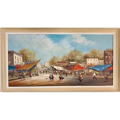 427 - T. Dones (Contemporary), large oil on canvas painting of an Italian market scene, likely Naples. Sig... 