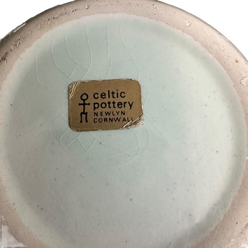 294 - Celtic Pottery Newlyn Cornwall. One sugar bowl 60 x 100, one coffee mug 160 x 95 and one milk jug 15... 