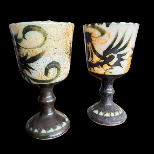 295 - Celtic Pottery Newlyn Cornwall. Two Pheonix pattern wine goblets 160 x 90 one perfect the other has ... 